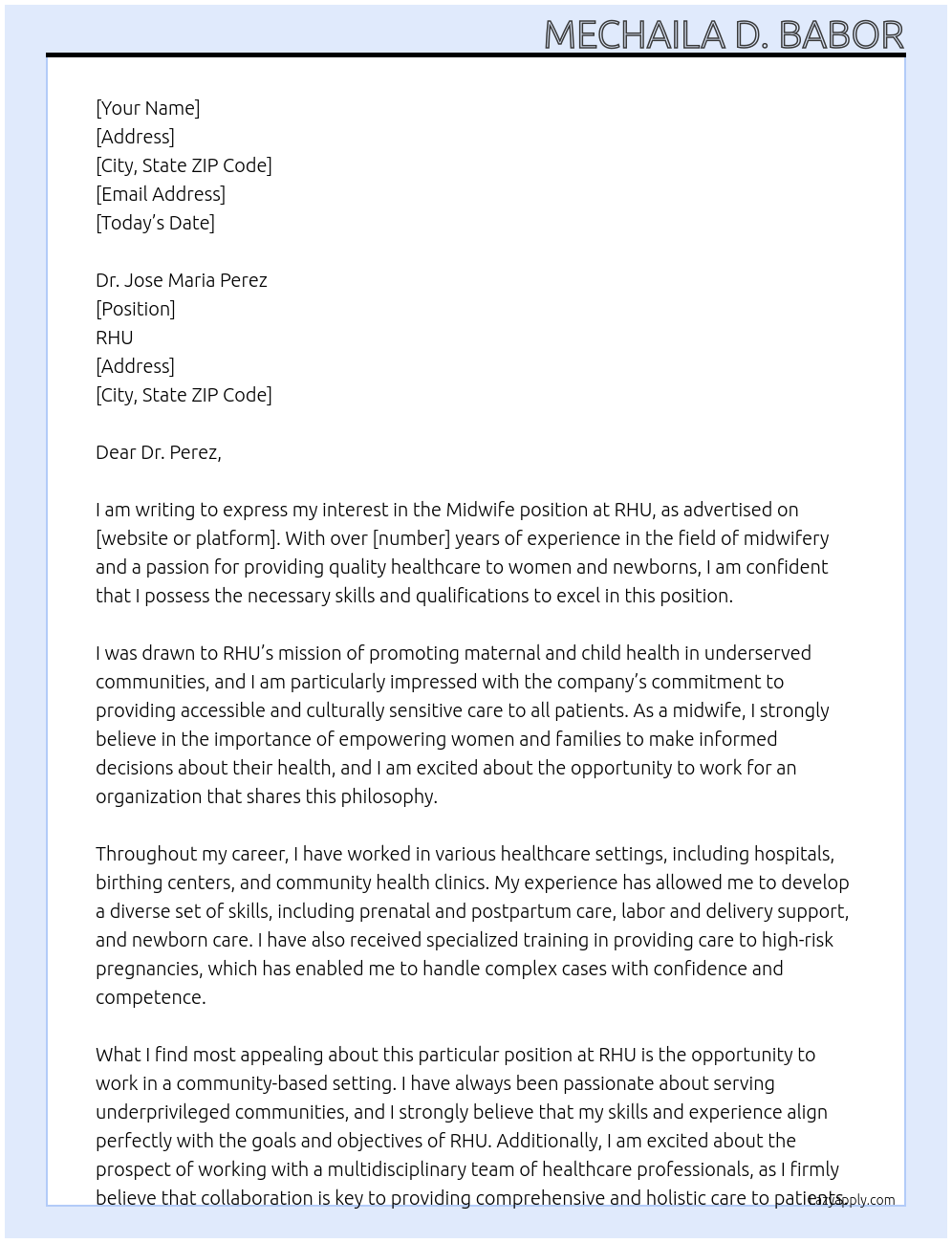 Midwife At RHU Cover Letter