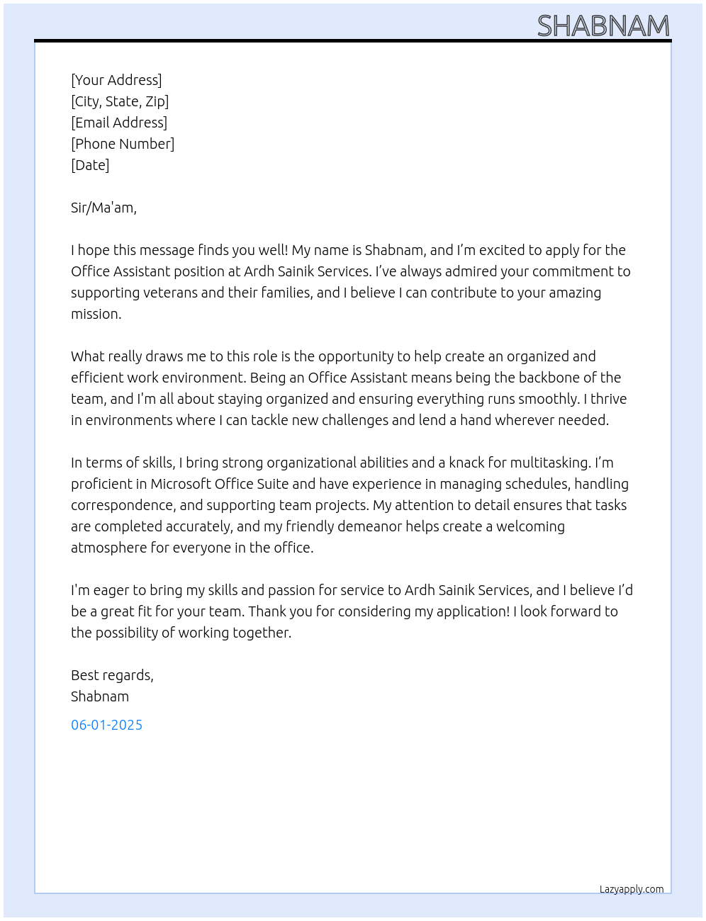 Office Assistant At Ardh Sainik Services Cover Letter