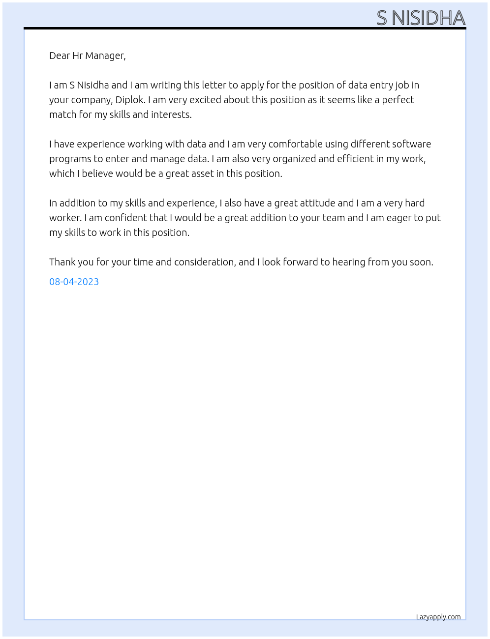 Data entry job At Diplok Cover Letter