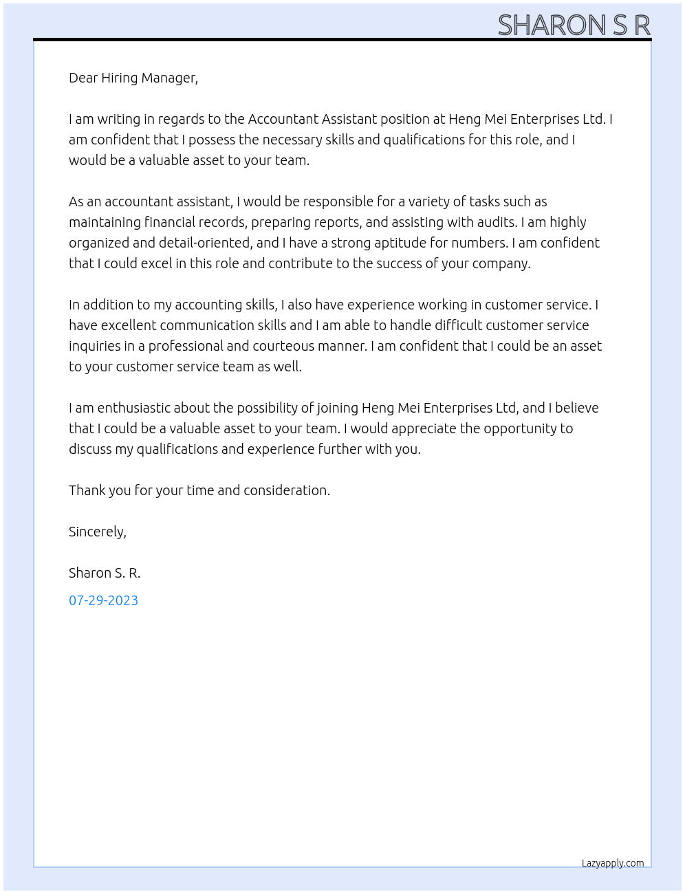 Accountant Assistant At Heng Mei Enterprises Ltd Cover Letter
