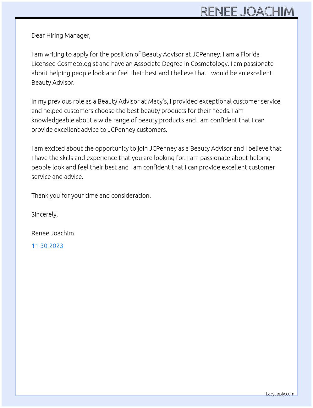 Beauty Advisor At JCPENNEY Cover Letter