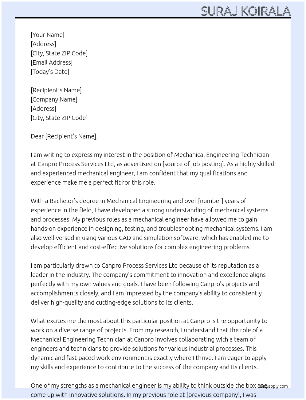 Mechanical engineering technician At Canpro Process Services Ltd Cover Letter