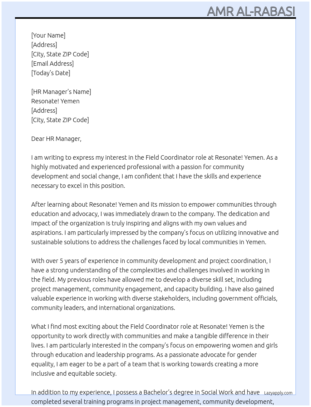 Field Coordinator At Resonate! Yemen Cover Letter