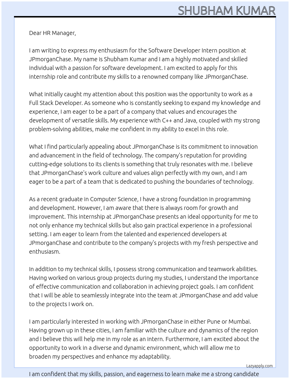 Software Developer Intern At JPmorganChase Cover Letter