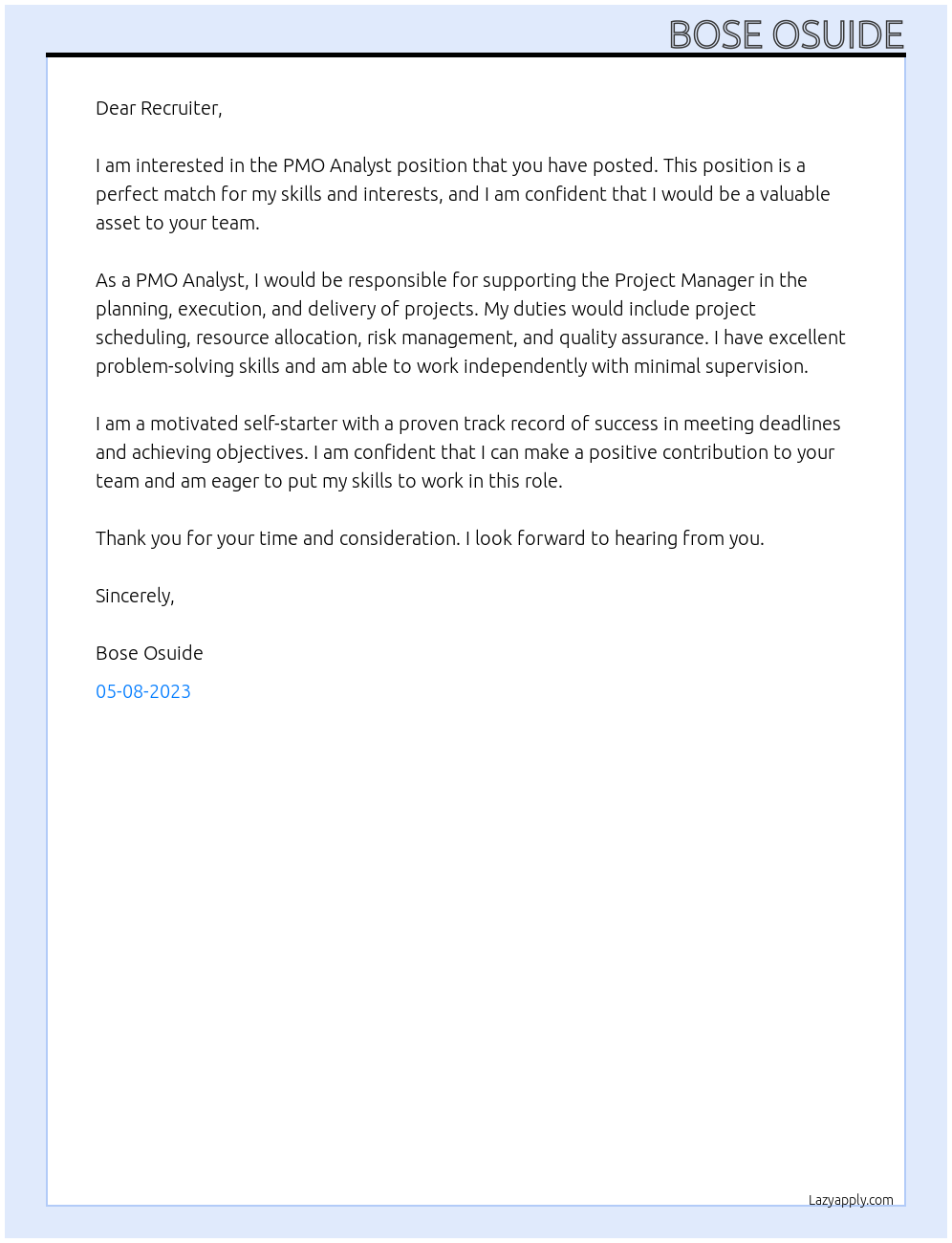 PMO Analyst At Recruiter Cover Letter