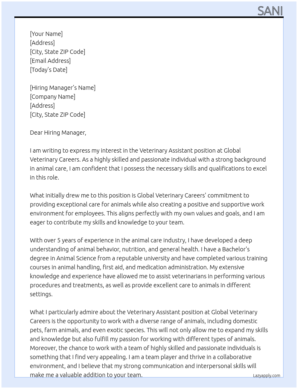 Veterinary Assistant At Global Veterinary Careers Cover Letter
