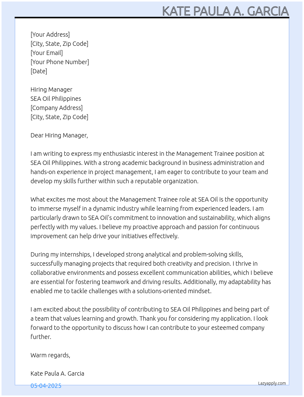 Management Trainee At SEA Oil Philippines Cover Letter