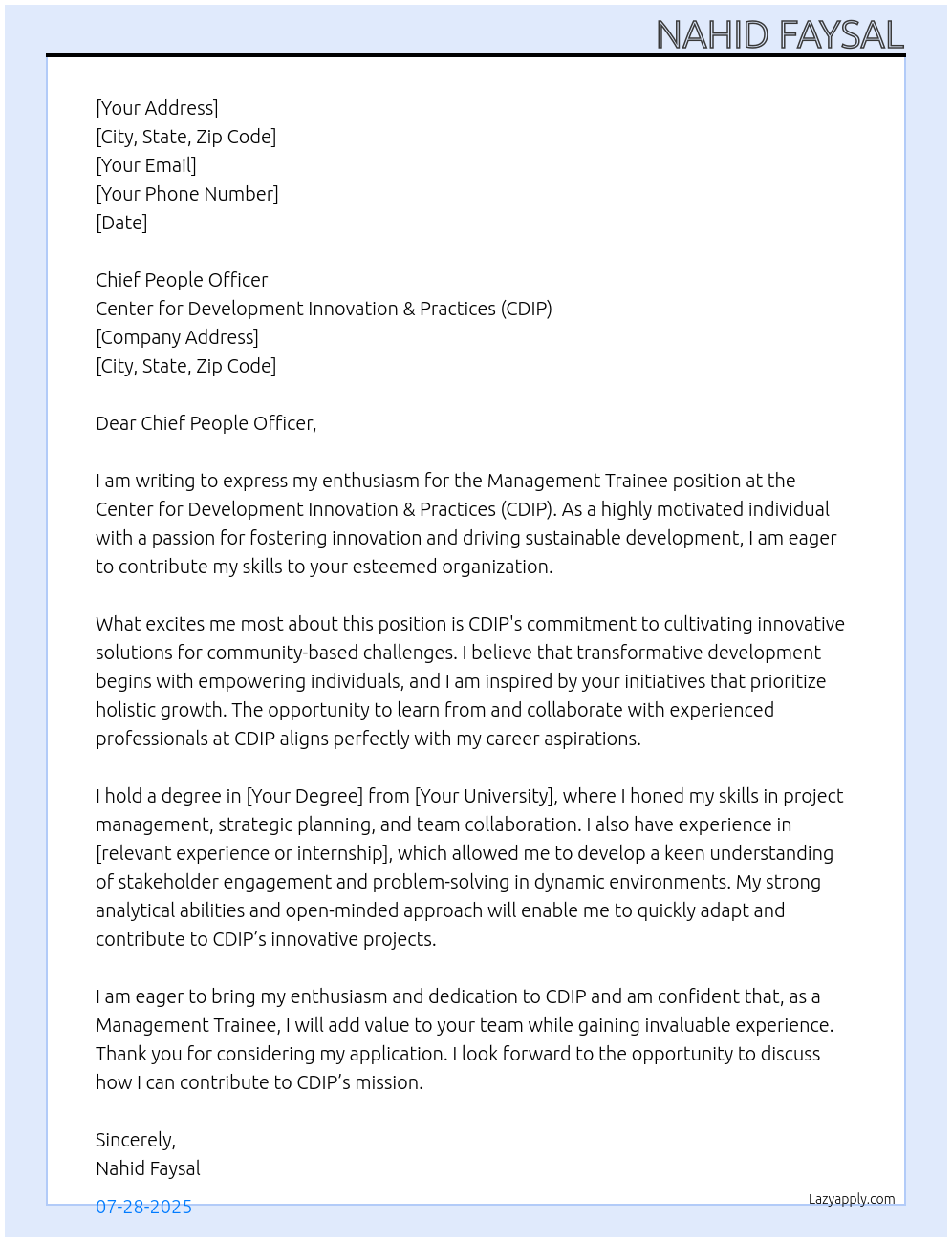 Management Trainee At Center for Development Innovation & Practices-CDIP Cover Letter
