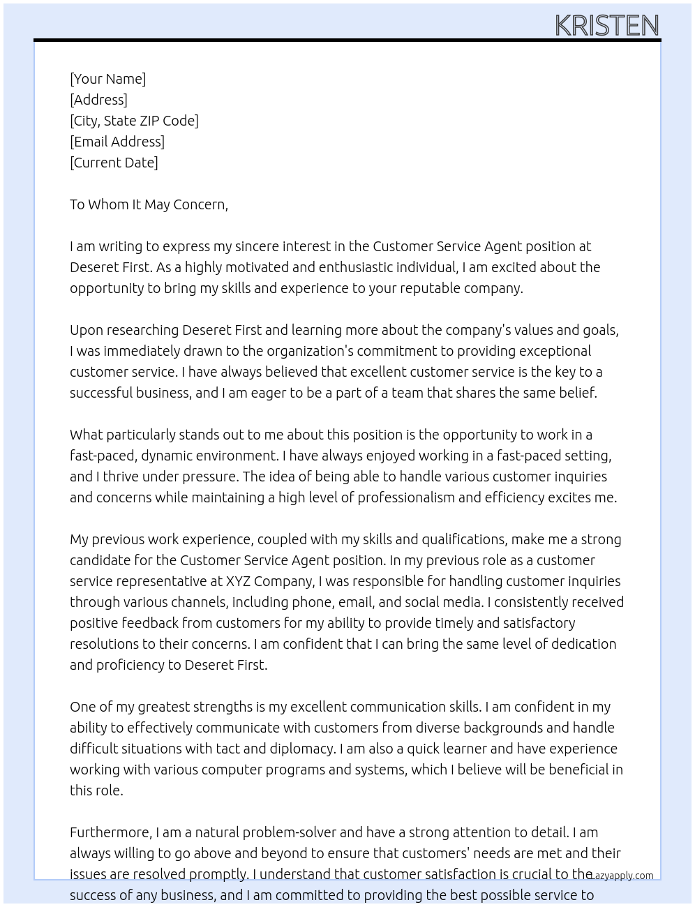 Customer Service agent At Deseret first Cover Letter