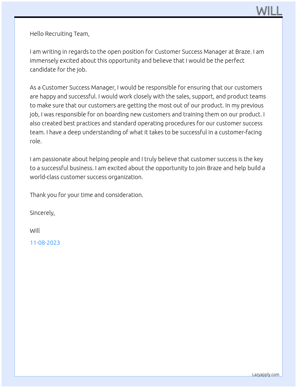 Customer Success Manager At Braze Cover Letter