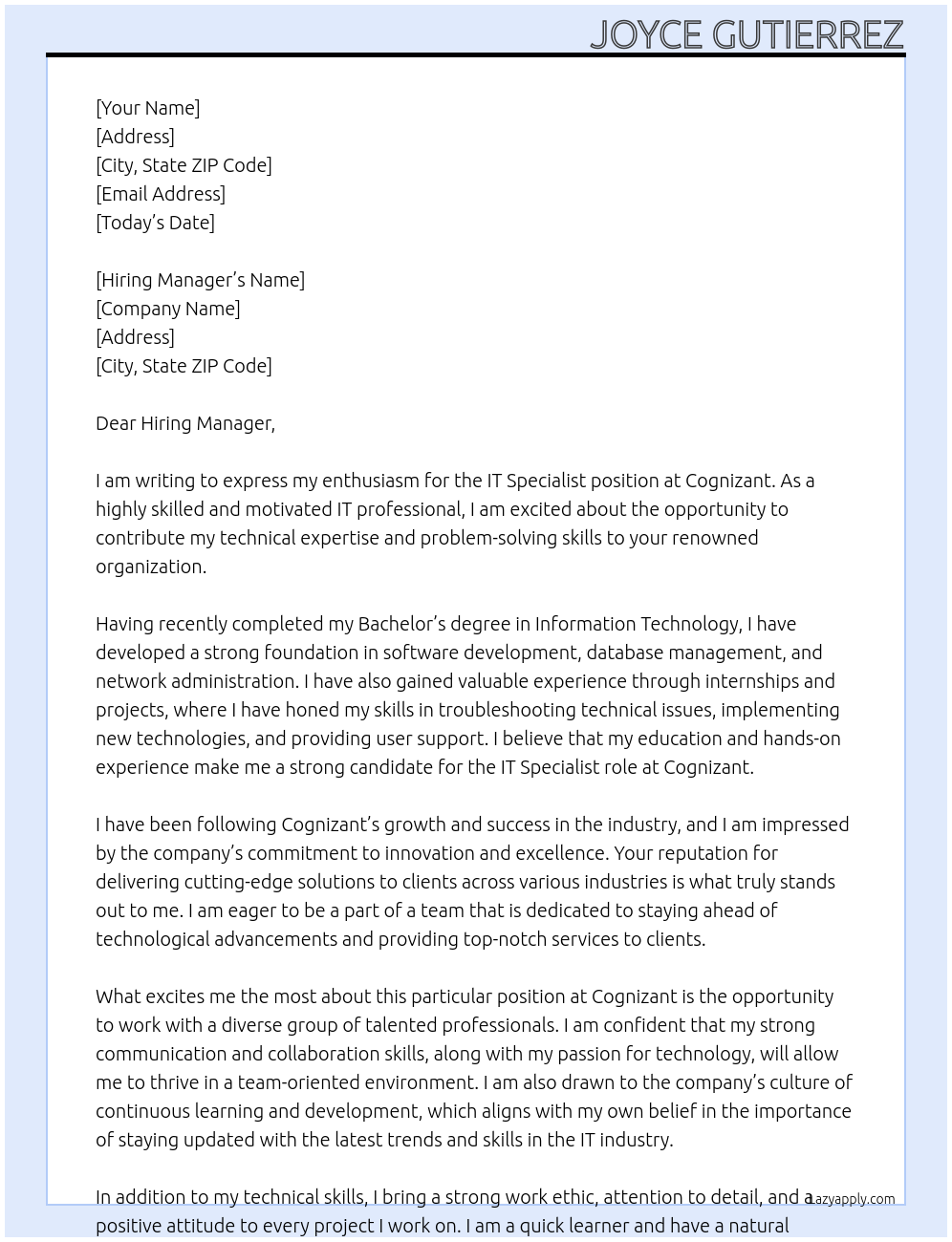 IT Specialist At Cognizant Cover Letter