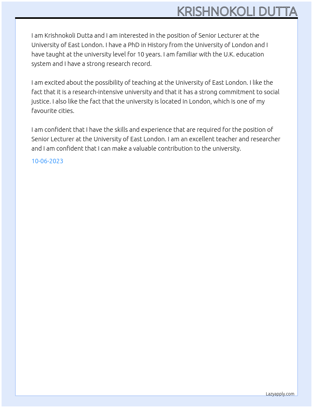 Senior Lecturer At University of East London Cover Letter