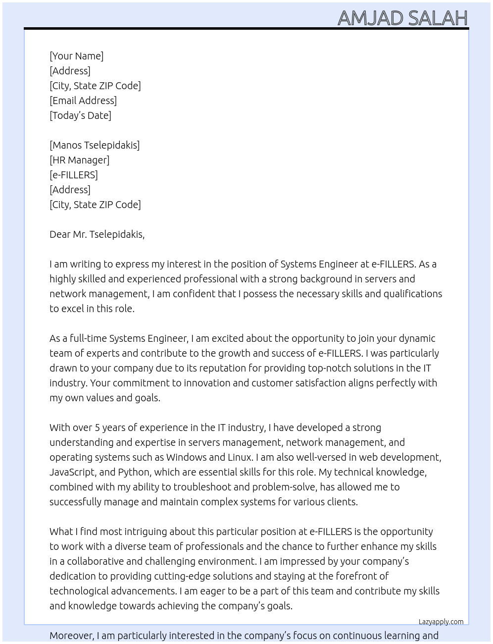Systems Engineer At e-FILLERS Cover Letter