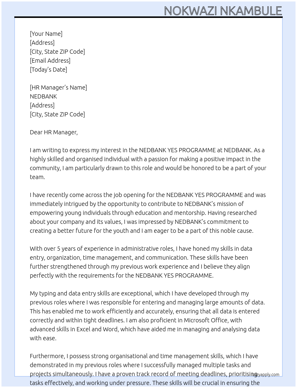 NEDBANK YES PROGRAMME At NEDBANK Cover Letter