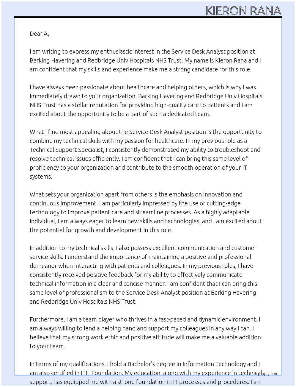 Service Desk Analyst At Barking Havering and Redbridge Univ Hospitals NHS Trust Cover Letter