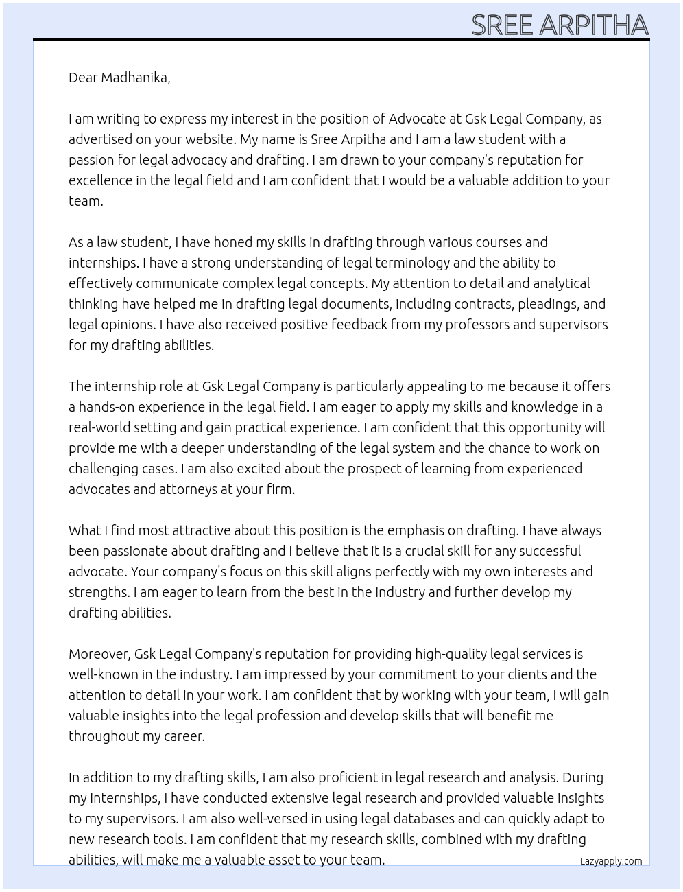 Advocate At Gsk legal company Cover Letter