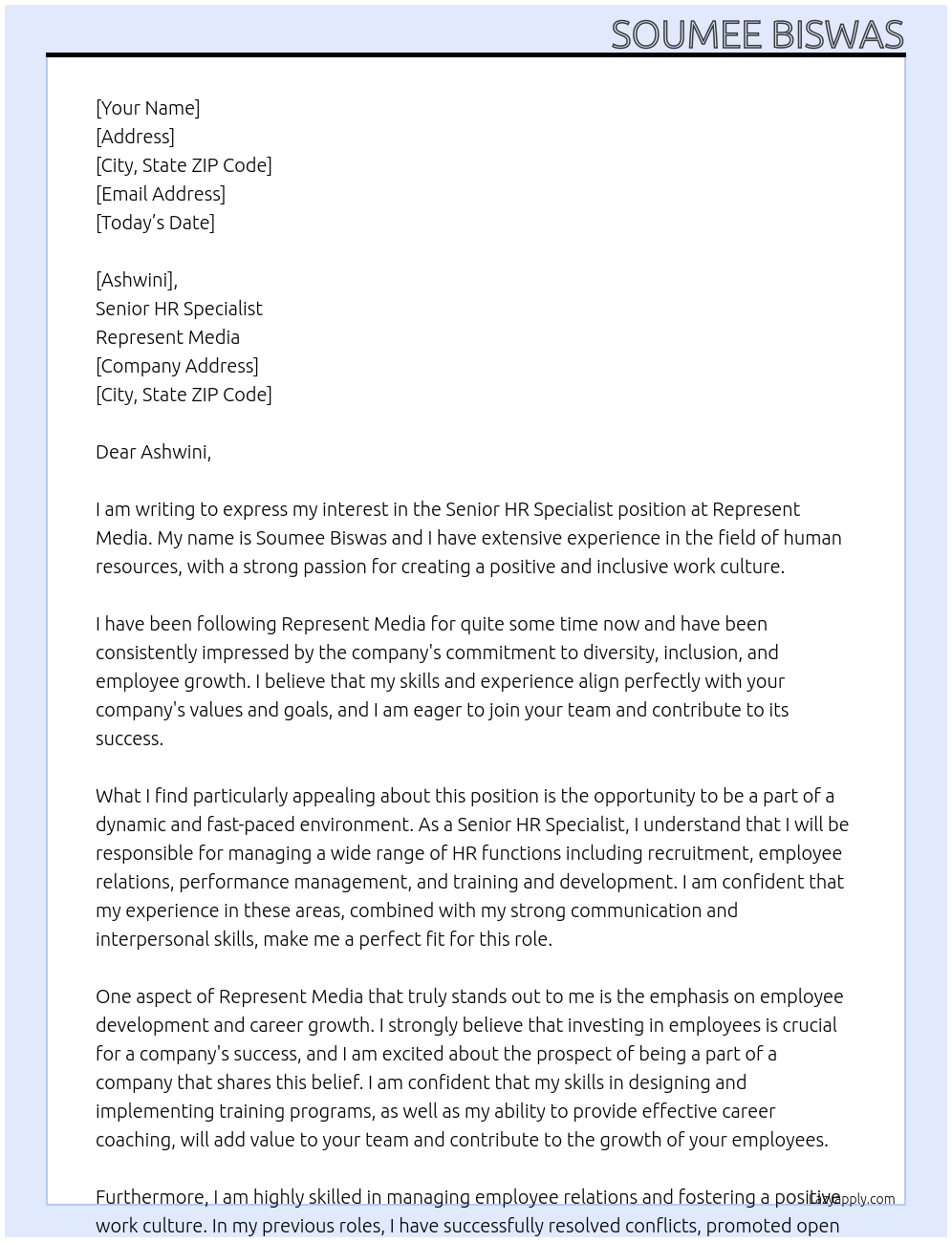 Senior HR Specialist At Represent Media Cover Letter