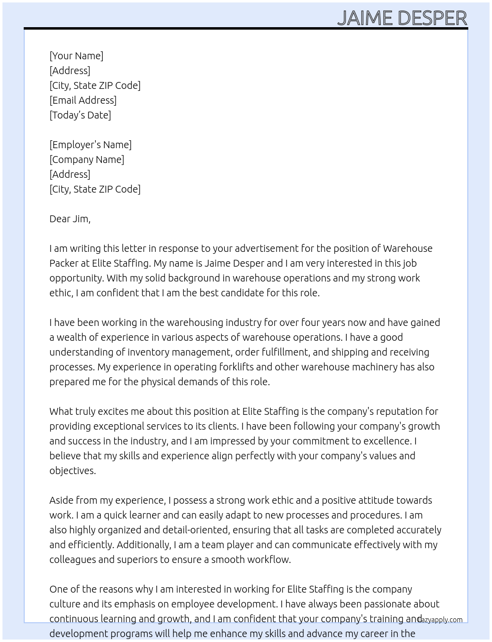 warehouse packer At Elite Staffing Cover Letter