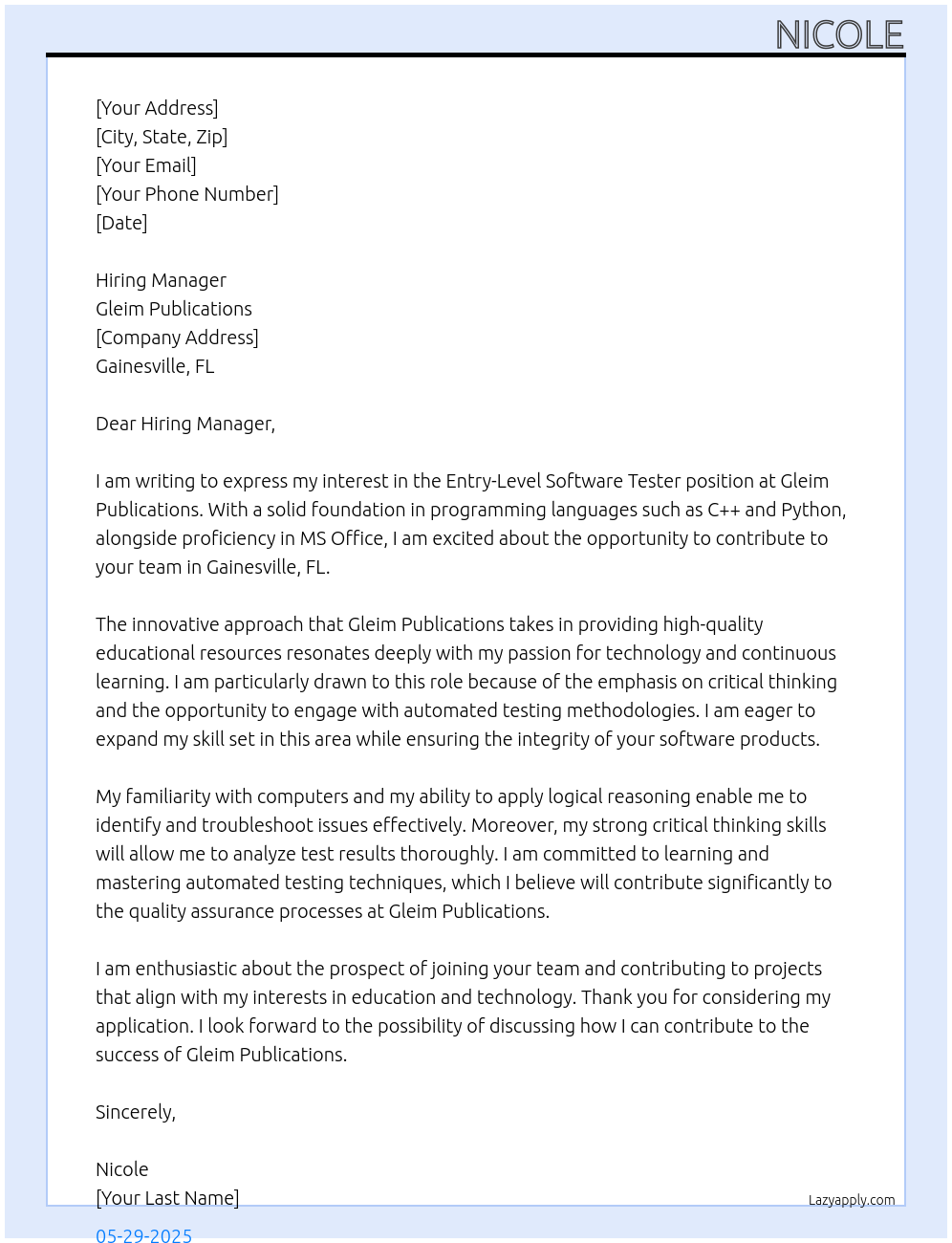 Cover letter for entry-level software tester - LazyApply