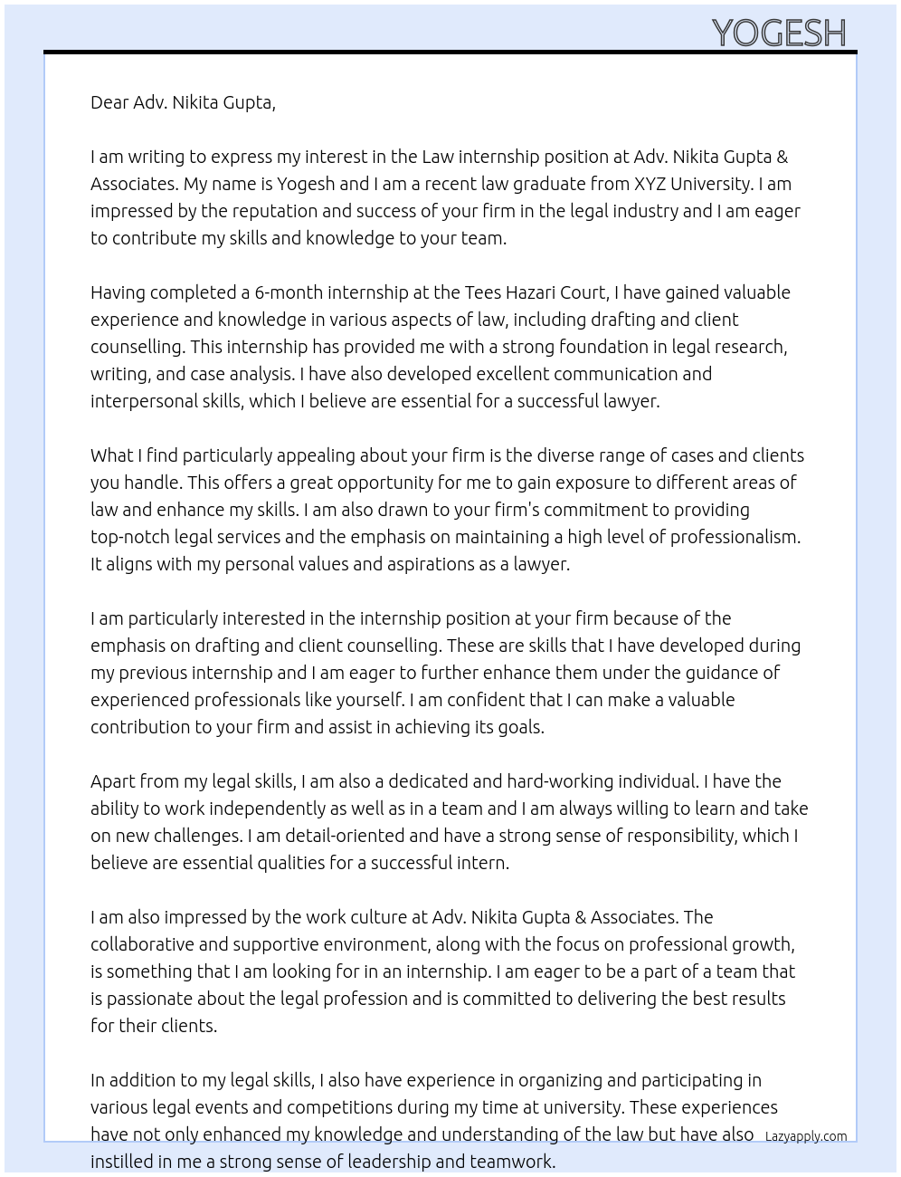 Law internship At Adv.Nikita Gupta & Associates Cover Letter