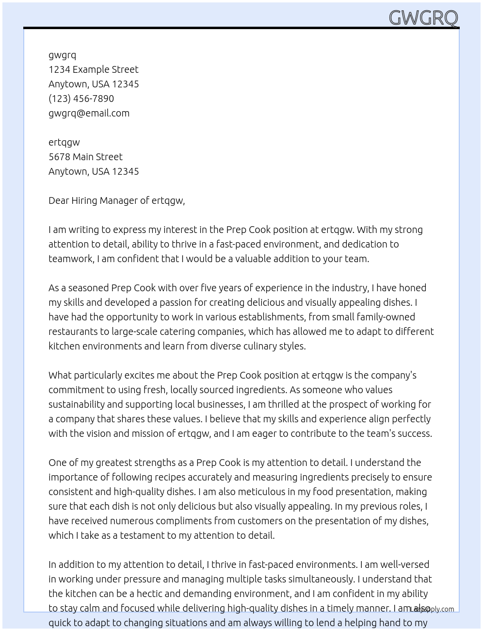 Prep cook At ertqgw Cover Letter