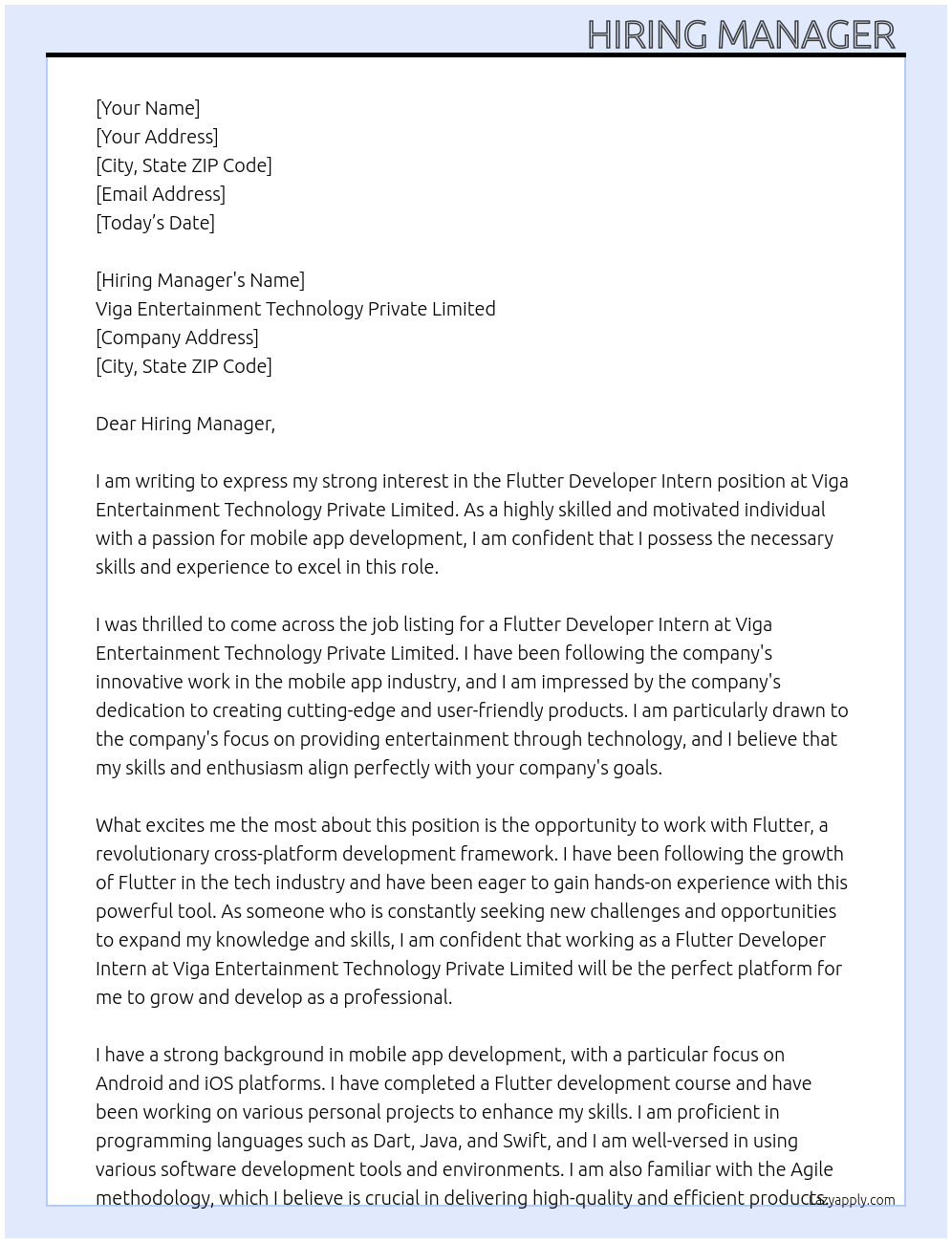Flutter developer intern  At Viga Entertainment Technology Private Limited  Cover Letter