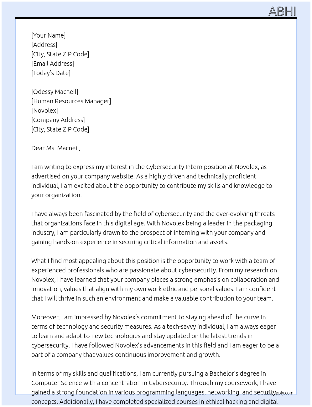 Cybersecurity Intern At Novolex Cover Letter