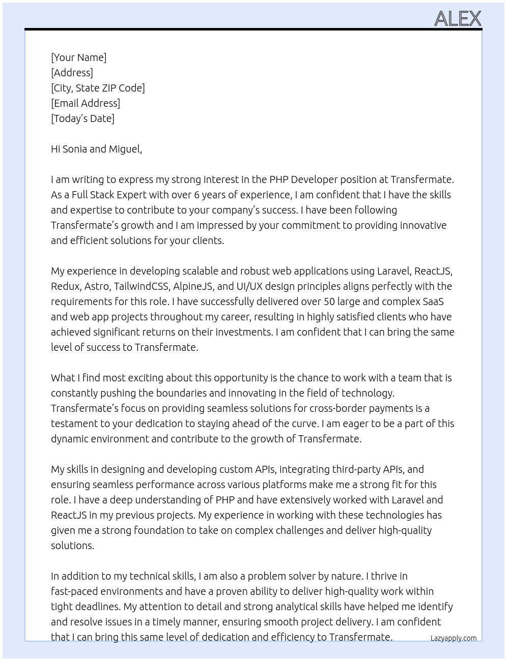 PHP developer At transfermate Cover Letter