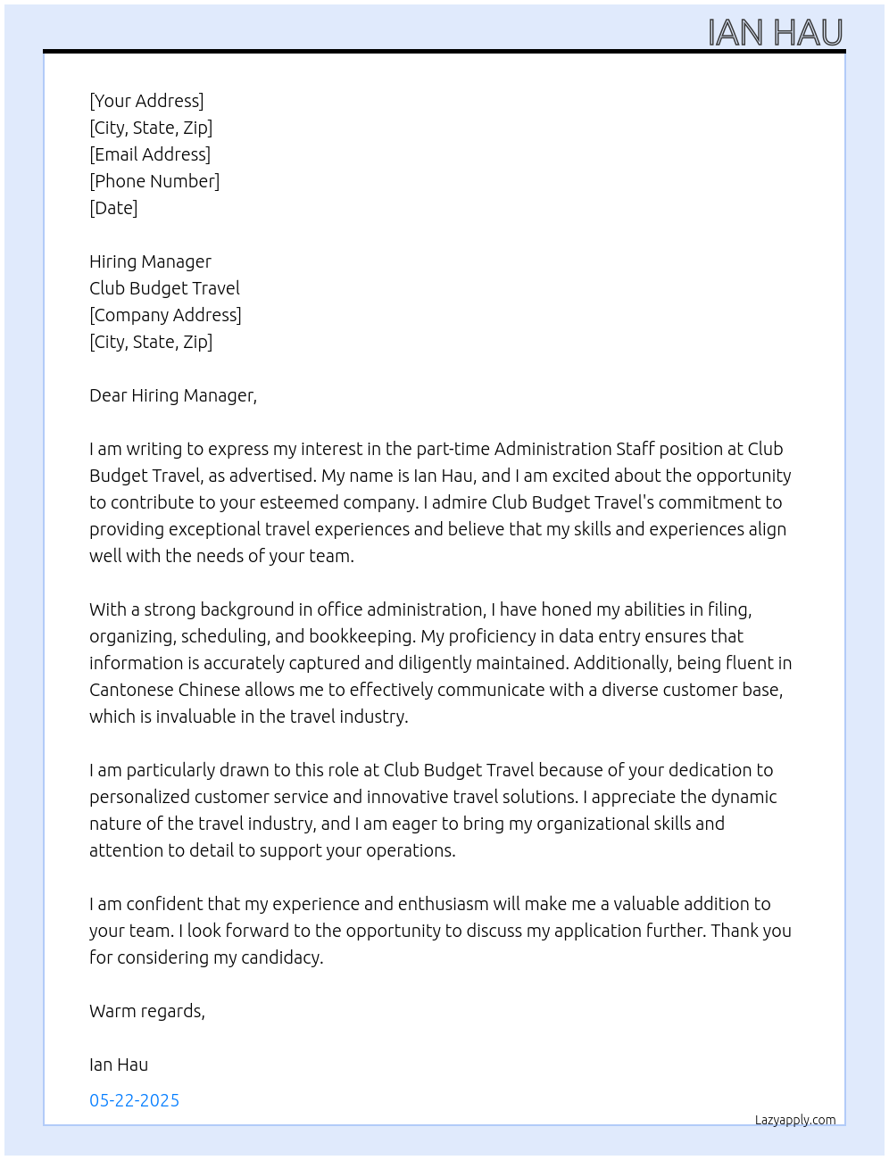 Administration Staff At Club Budget Travel Cover Letter