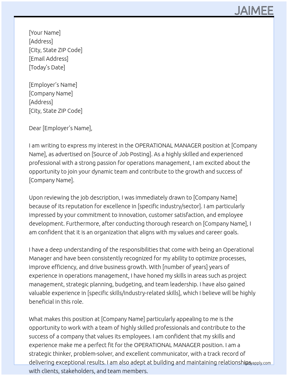 OPERATIONAL MANAGER At xx Cover Letter