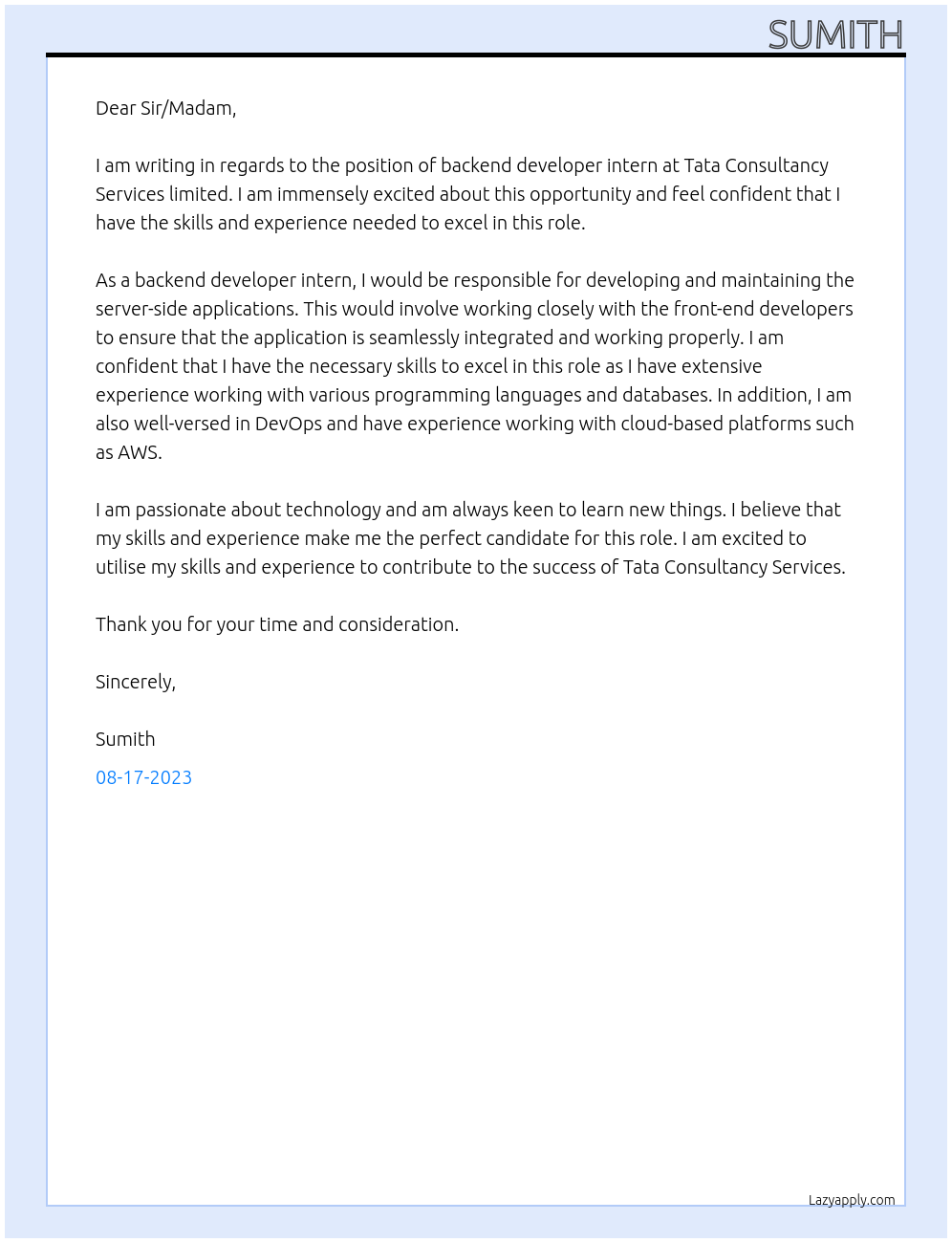 Backend Developer Intern At Tata Consultancy Services limited Cover Letter
