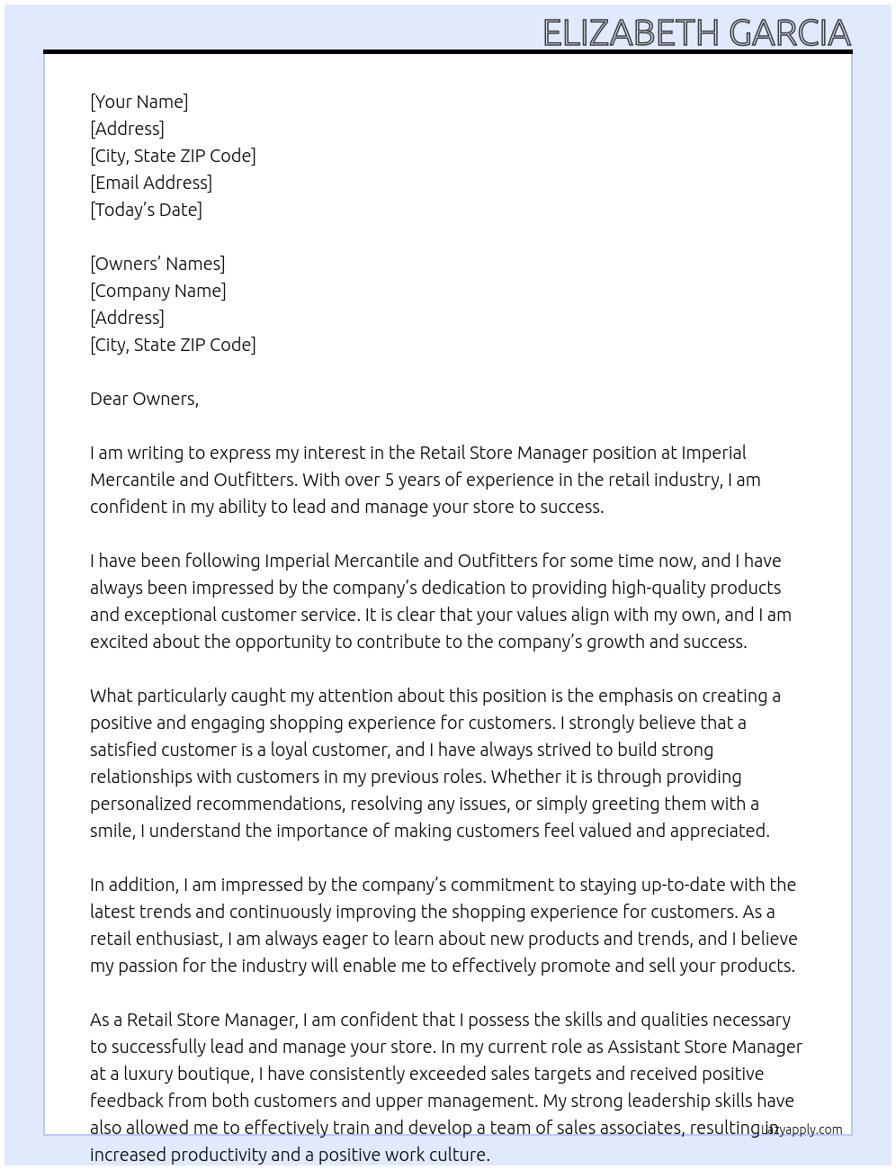 Retail Store Manager At Imperial Mercantile and Outfitters Cover Letter