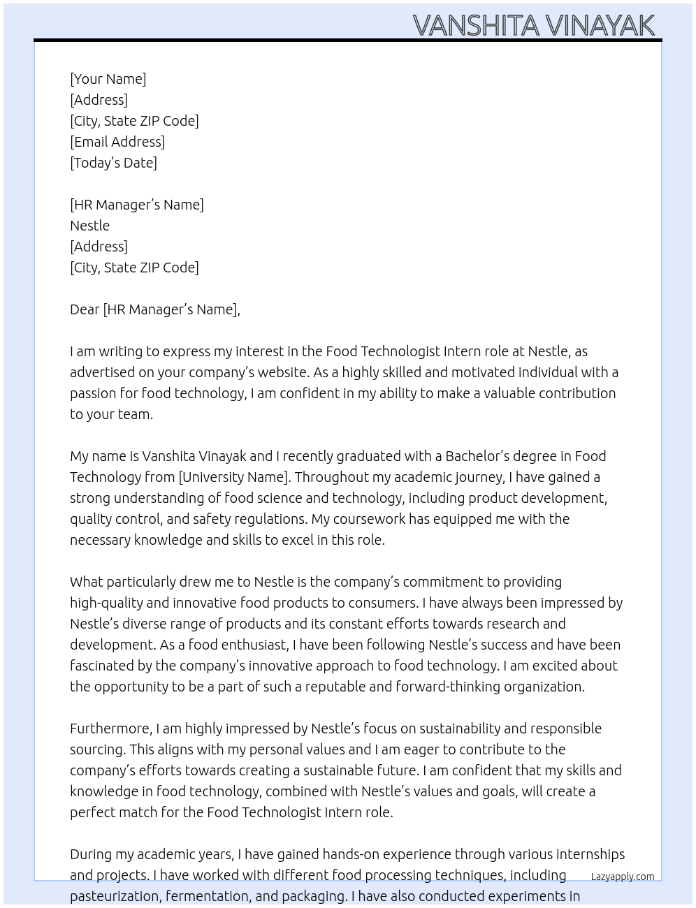 food technologist  At Nestle  Cover Letter