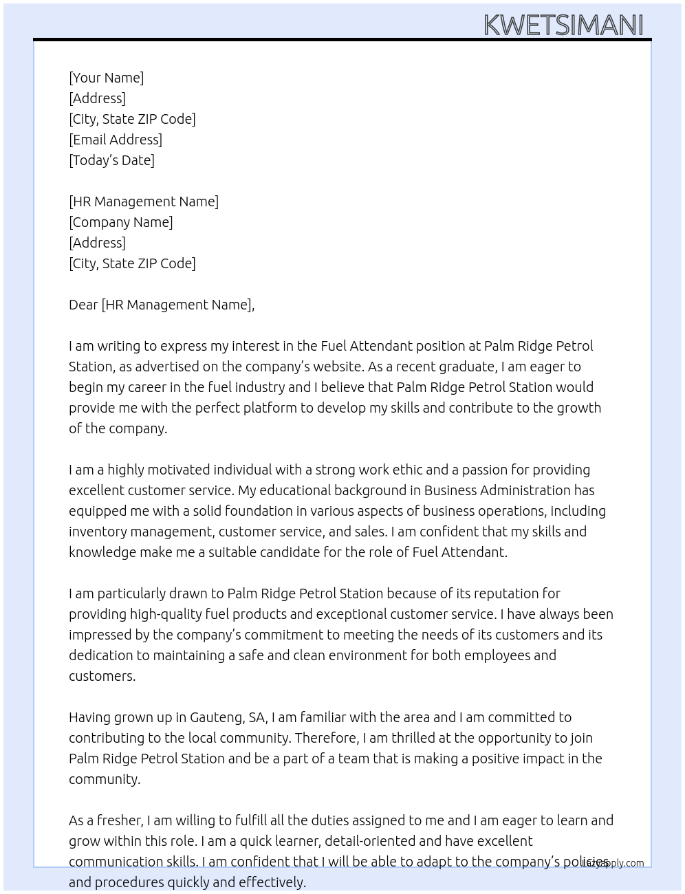 Fuel Attendant At Palm ridge petrol station Cover Letter