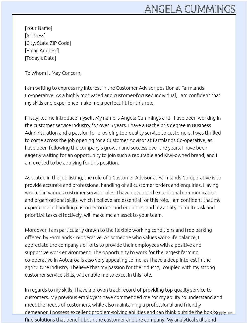 Customer Advisor At Farmlands Co-operative Cover Letter