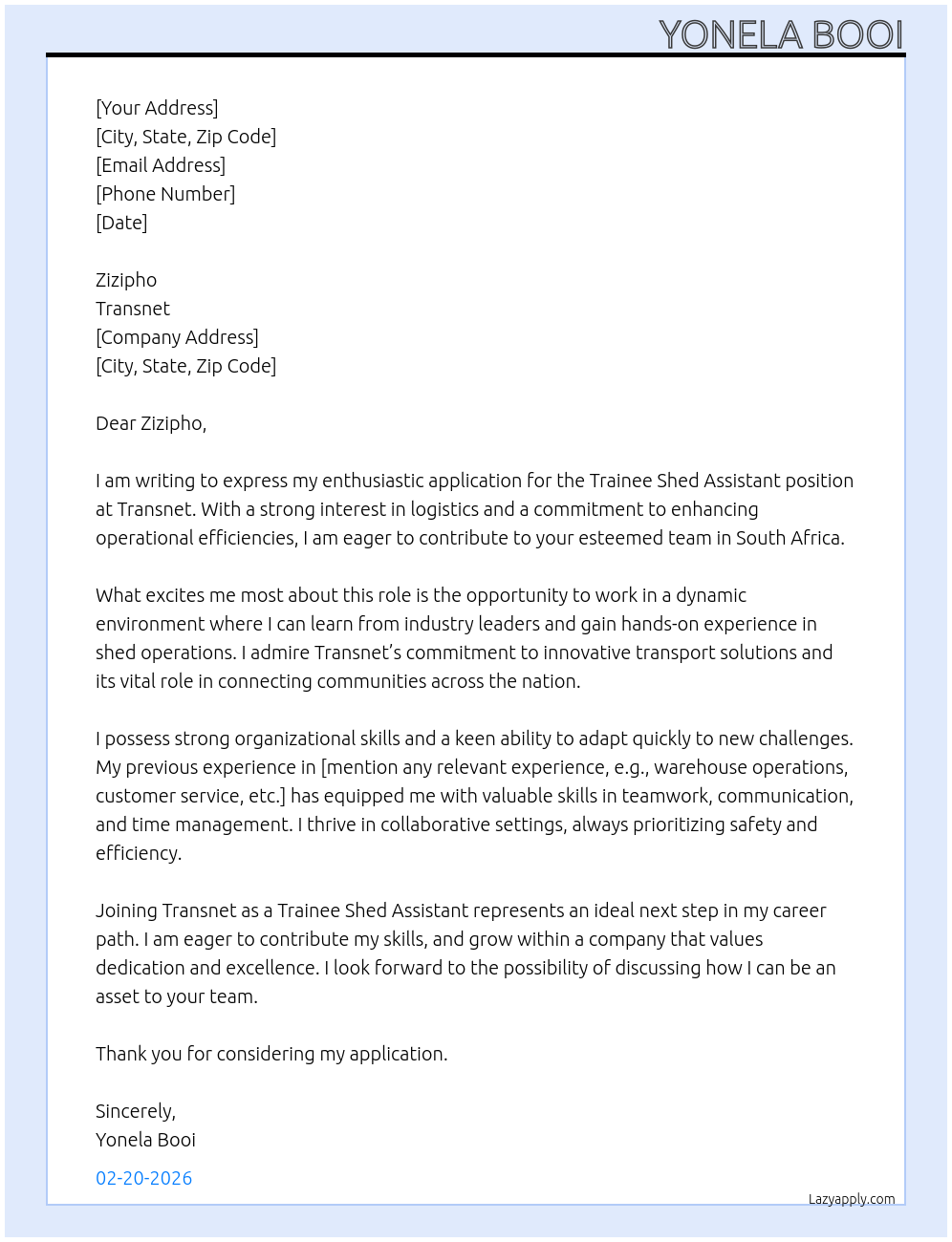Trainee shed assistant At Transnet Cover Letter