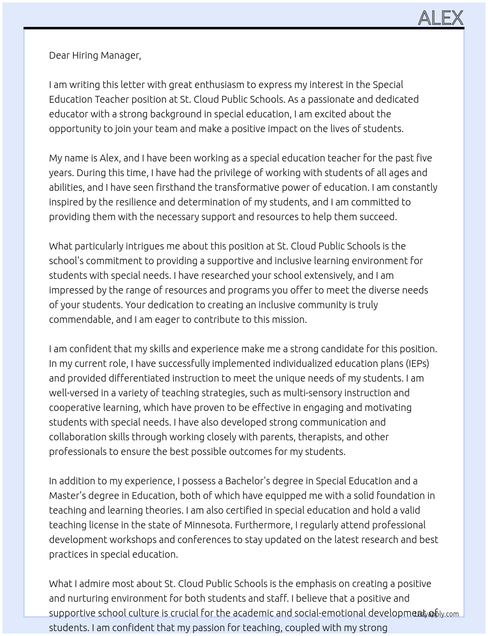 Special Education Teacher At St. Cloud Public Schools Cover Letter