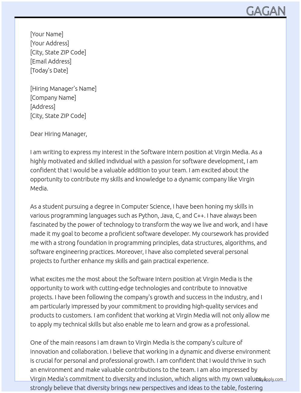 Software Intern At Virgin Media Cover Letter