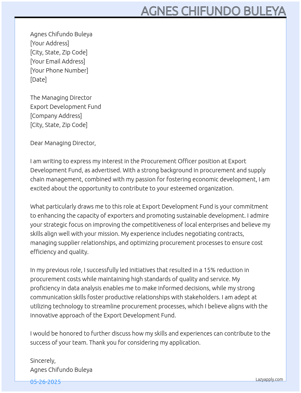 Procurement Officer At Export Development Fund Cover Letter