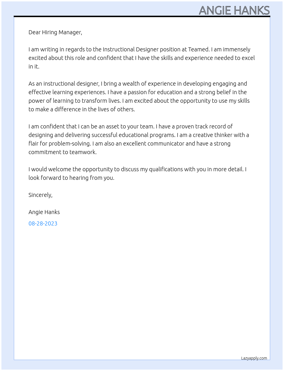 Instructional Designer At Teamed Cover Letter