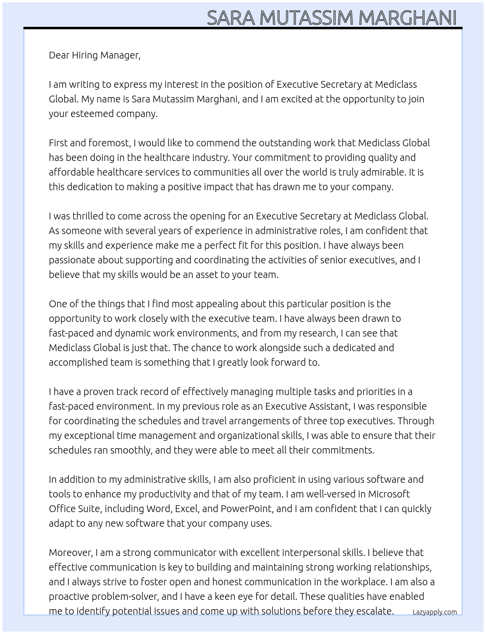 executive secretary  At mediclass global  Cover Letter