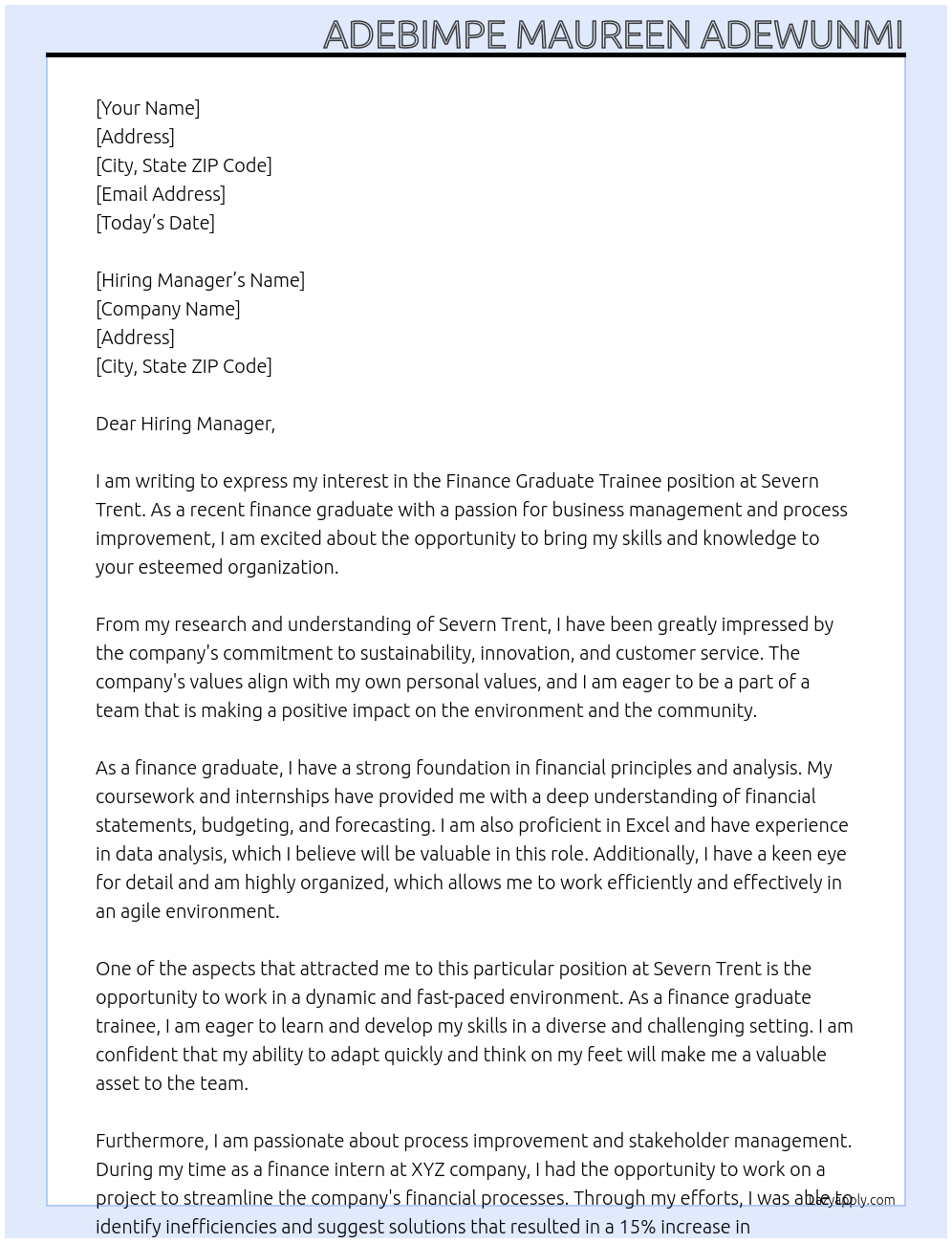 Finance graduate Trainee At Severn Trent Cover Letter