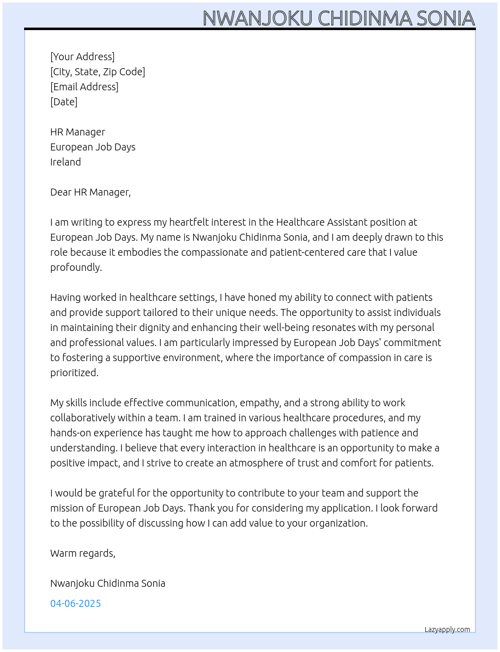 Healthcare Assistant At europeanjobdays.eu. Ireland Cover Letter