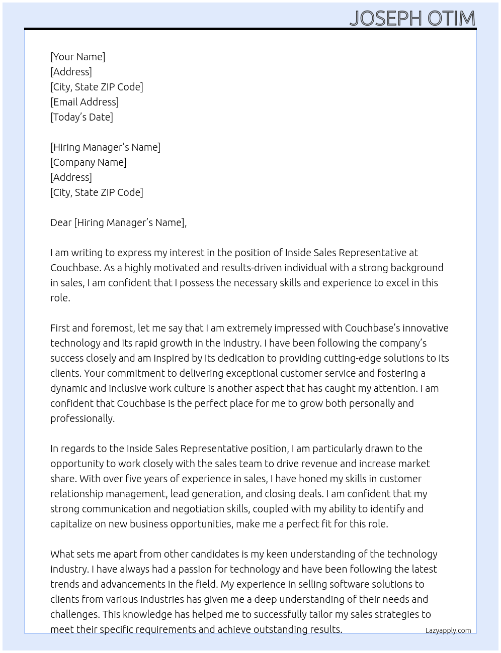 Inside sales representative At couchbase Cover Letter