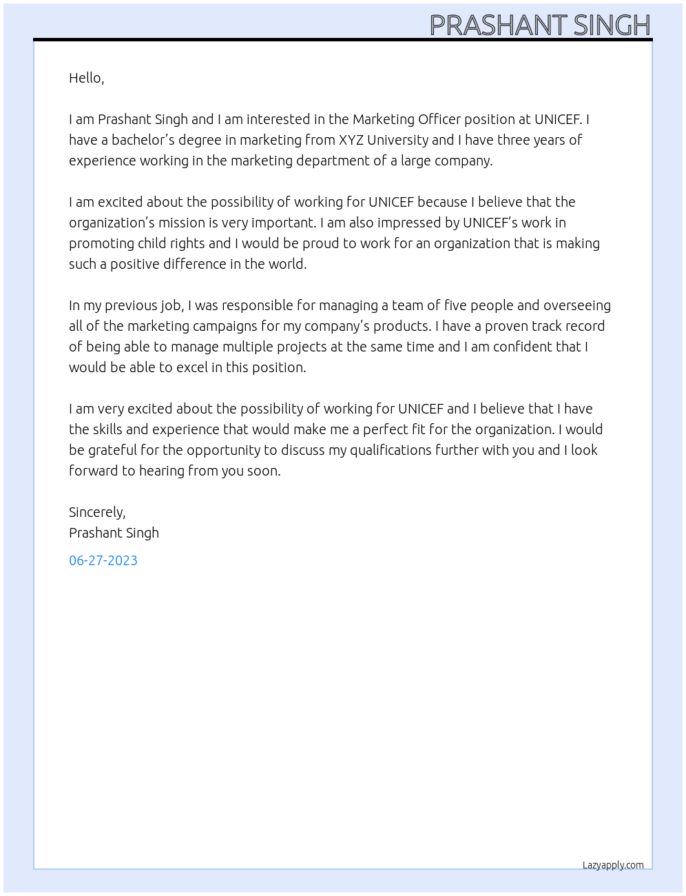 Marketing Officer At UNICEF Cover Letter