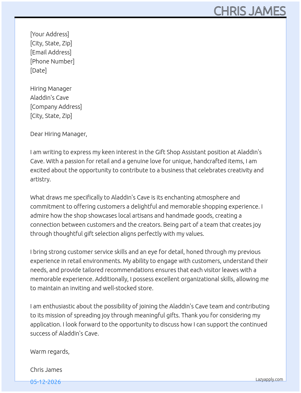 Gift shop assistant At Aladdin's Cave Cover Letter