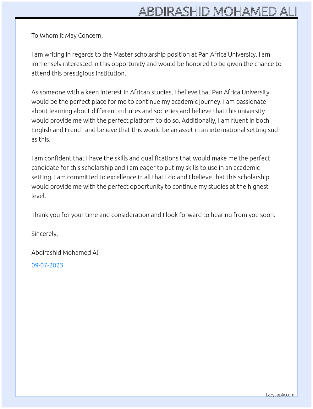 Scholarship At Pan Africa University Cover Letter