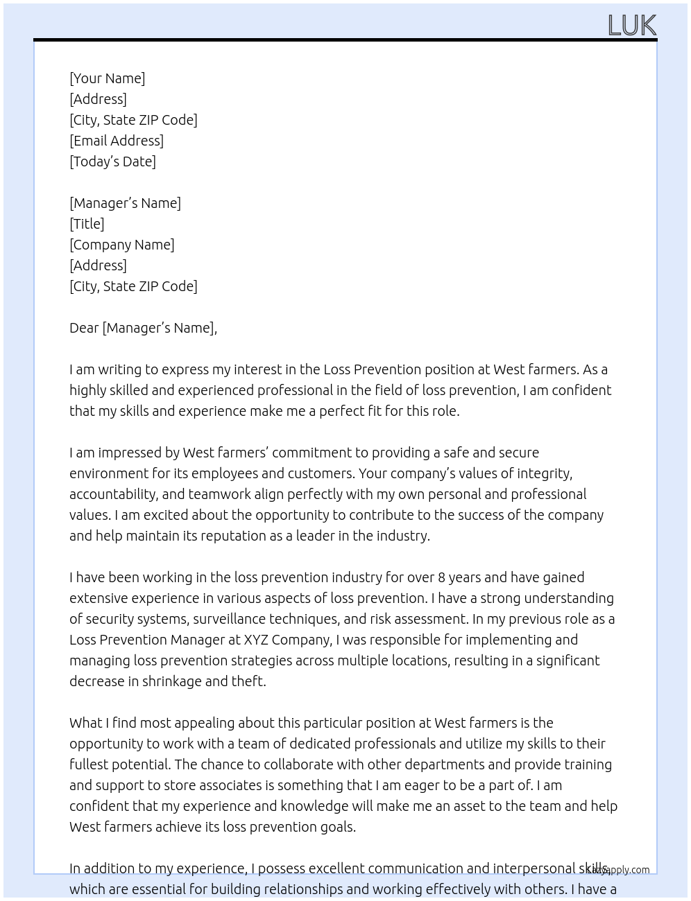 Loss prevention  At West farmers Cover Letter