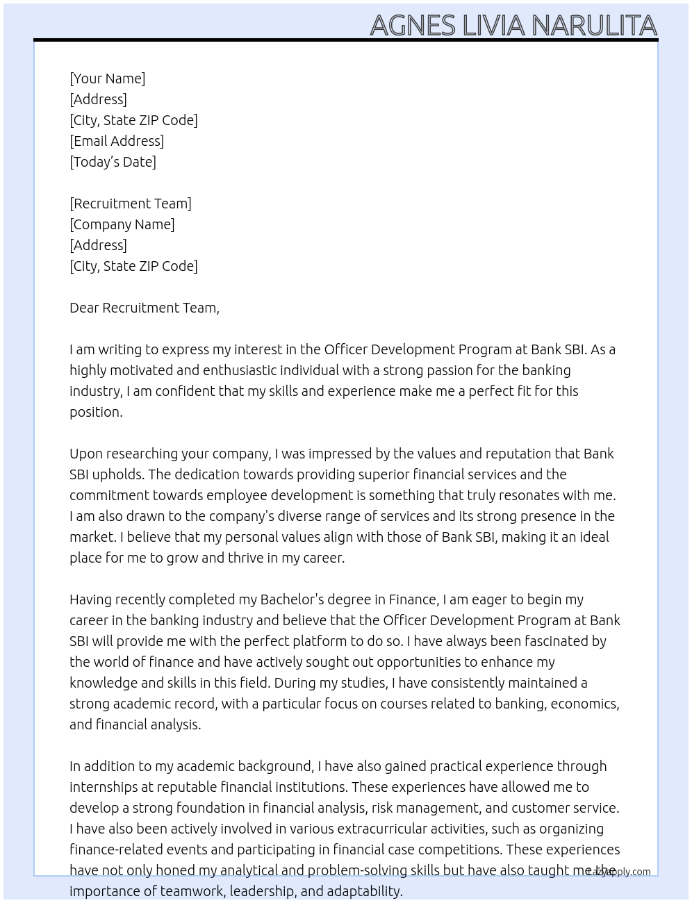 Officer Development Program At Bank SBI Cover Letter