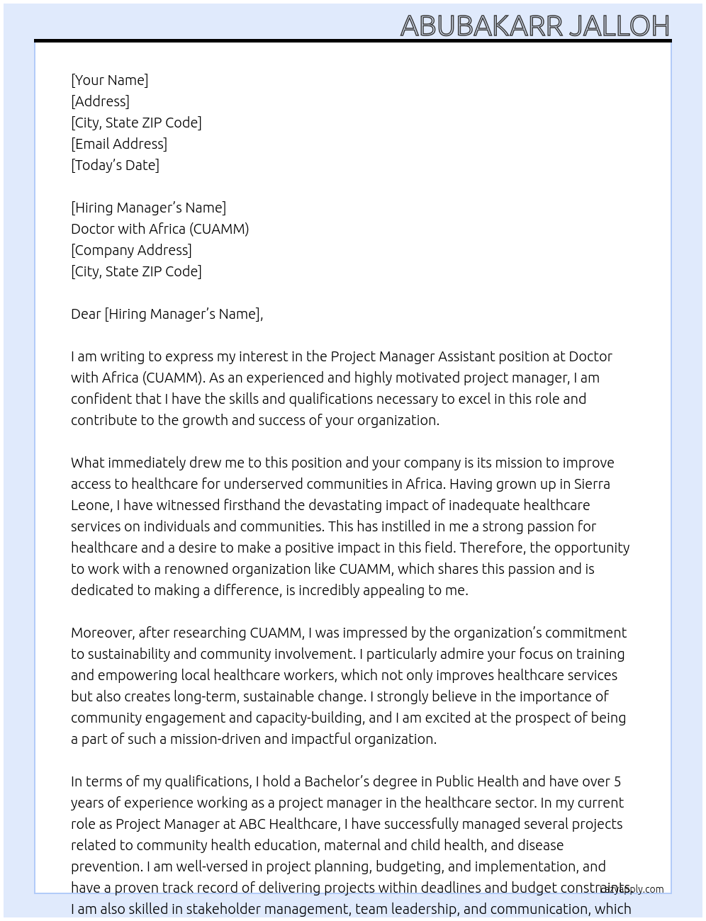 project manager assistant At Doctor with Africa (CUAMM) Cover Letter